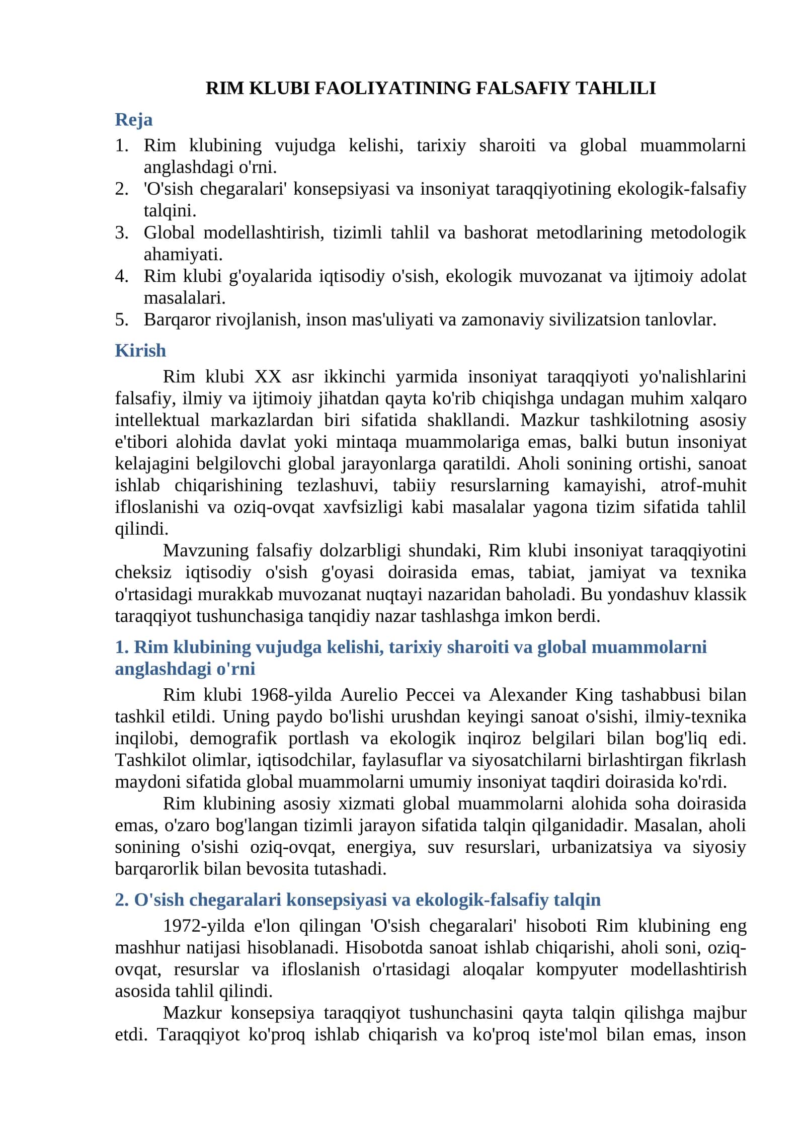 RIM KLUBI FAOLIYATINING FALSAFIY TAHLILI