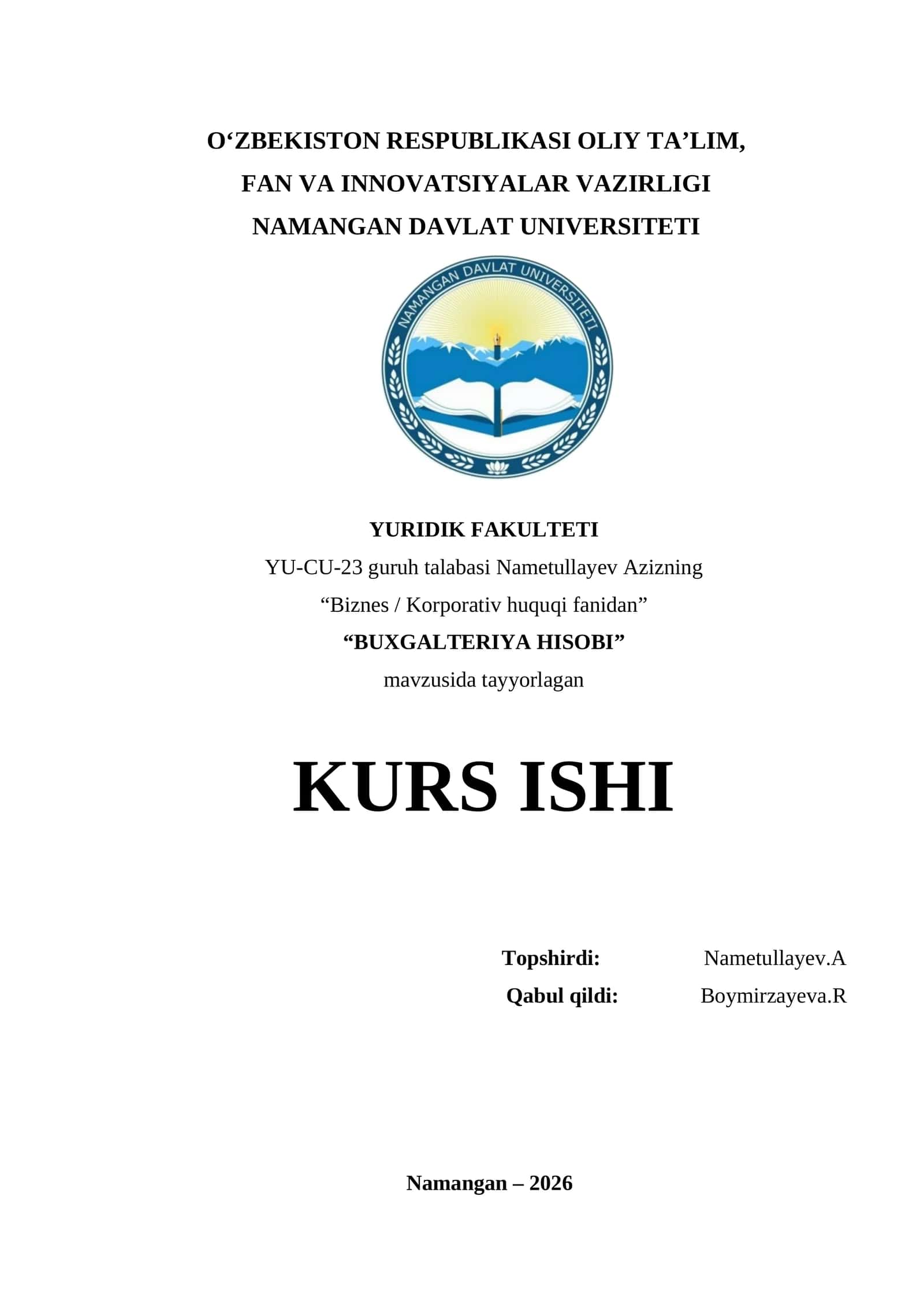 BUXGALTERIYA HISOBI kurs ishi