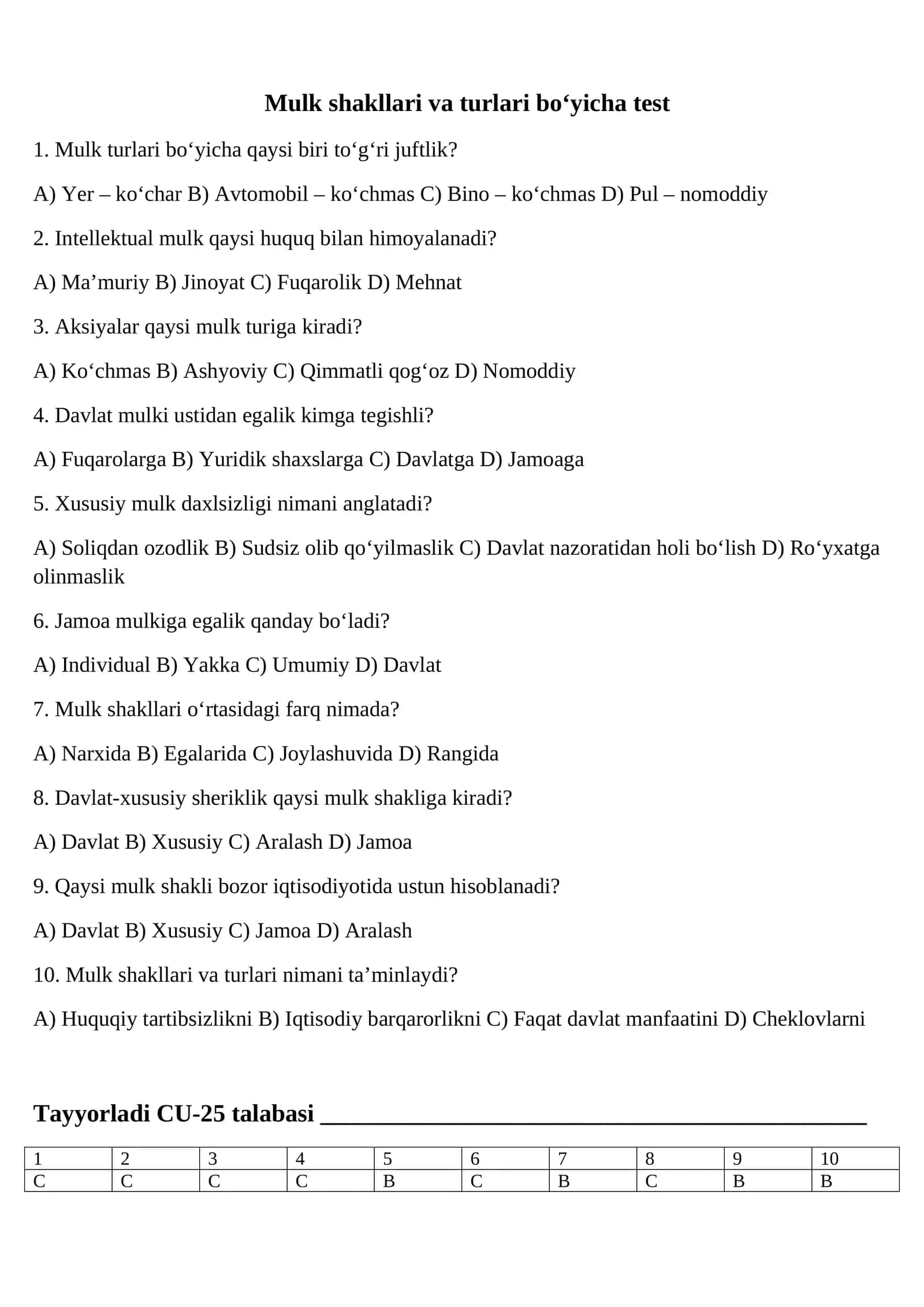 Mulk shakllari va turlari bo‘yicha test