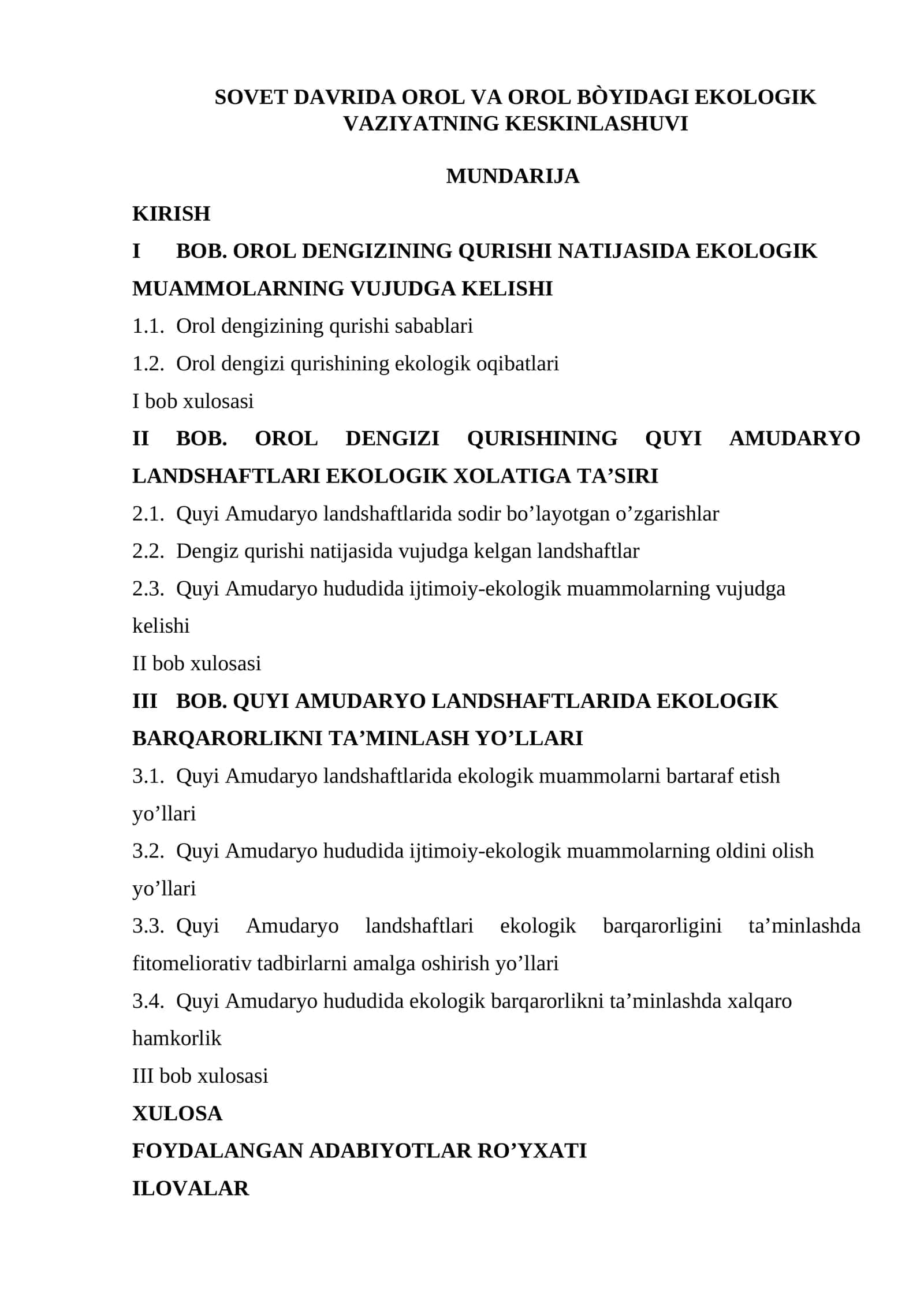 OROL VA OROL BÒYIDAGI EKOLOGIK VAZIYATNING KESKINLASHUVI