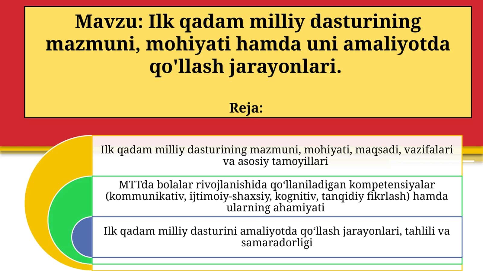 Ilk qadam milliy dasturining mazmuni, mohiyati hamda uni amaliyotda qo'llash jarayonlari.