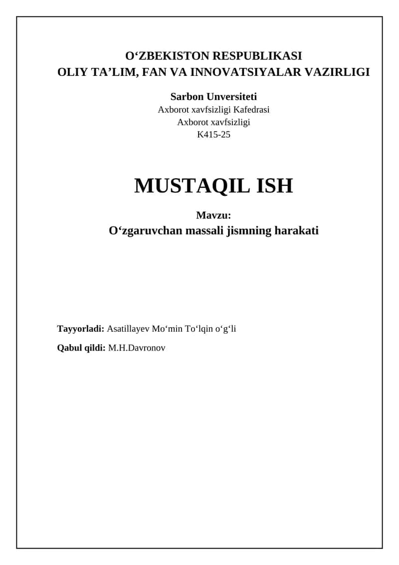 Oʻzgaruvchan massali jismning harakati