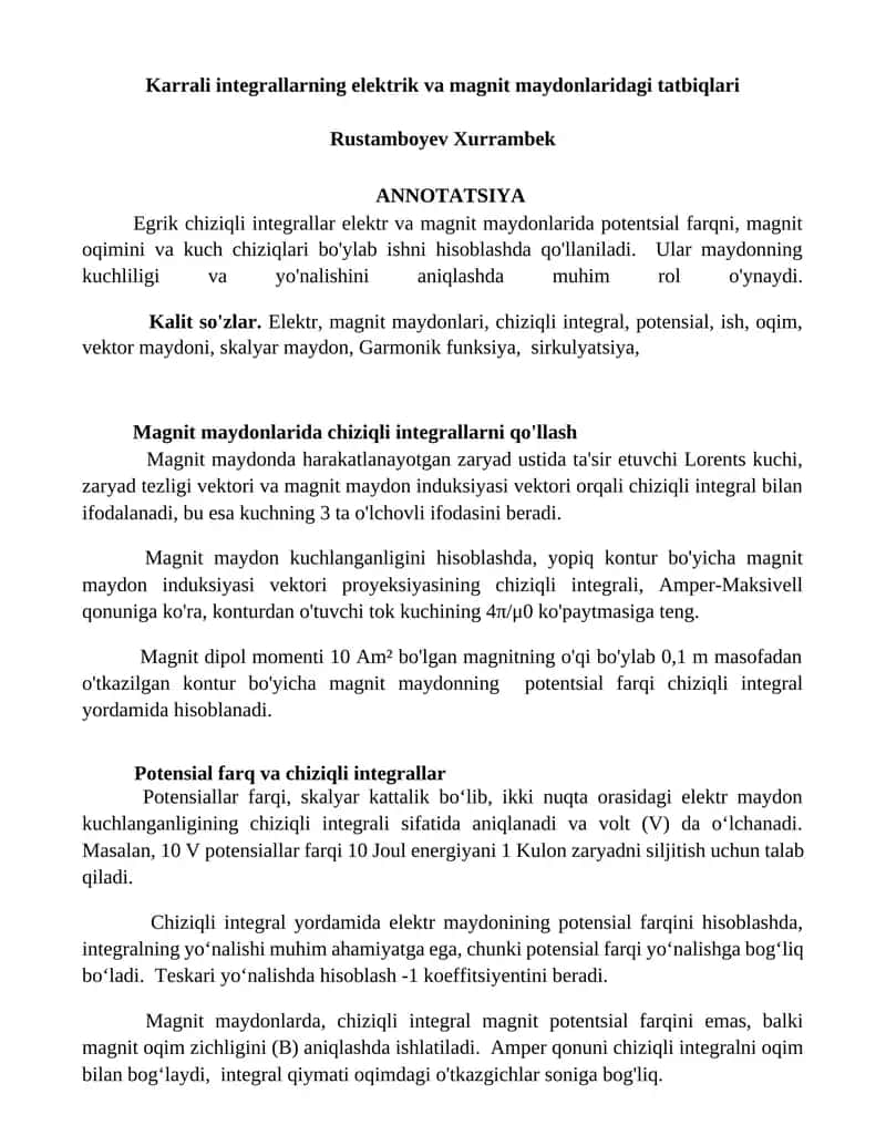 Magnit maydonlarida chiziqli integrallarni qo'llash
