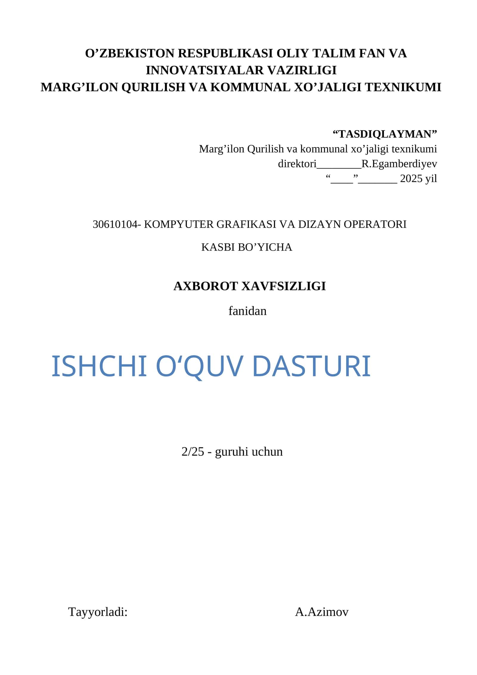 Axborot xavfsizligi fani ishchi o'quv dasturi