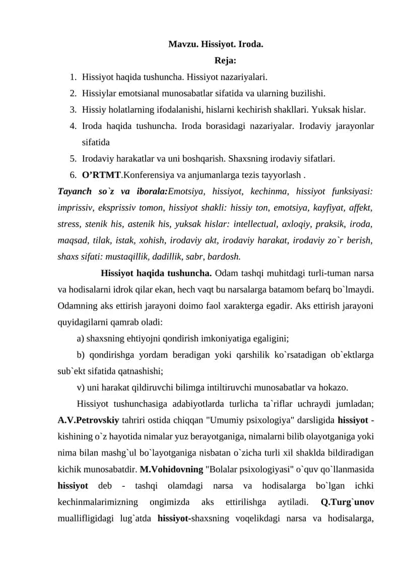 Hissiyot. Iroda.