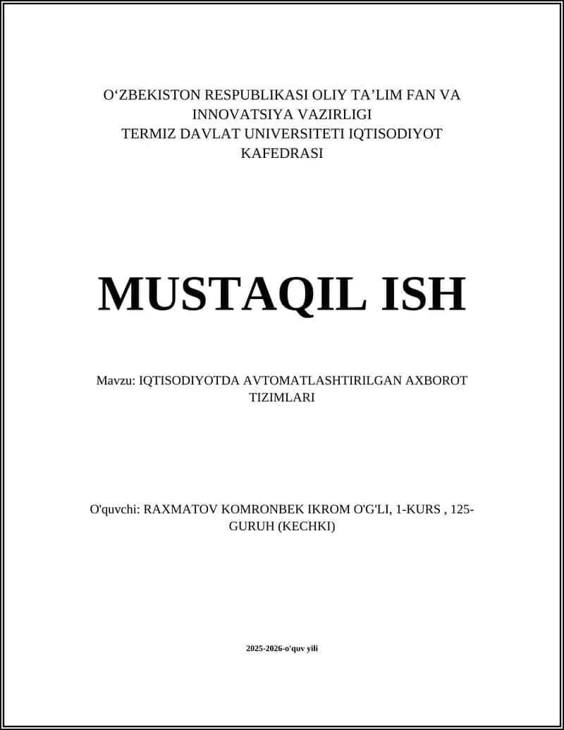 IQTISODIYOTDA AVTOMATLASHTIRILGAN AXBOROT TIZIMLARI
