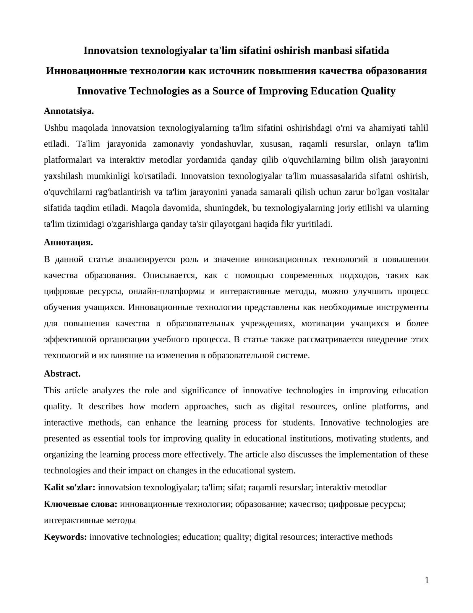 Innovatsion texnologiyalar ta'lim sifatini oshirish manbasi sifatida