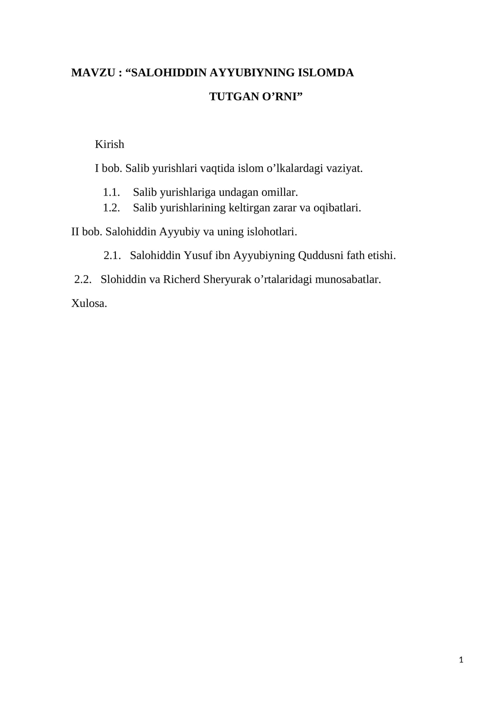 SALOHIDDIN AYYUBIYNING ISLOMDA TUTGAN O’RNI