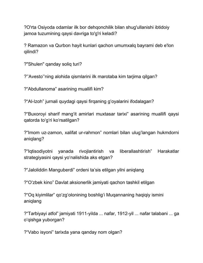 O'zbekiston tarixi fanidan yopiq testlar jamlanmasi
