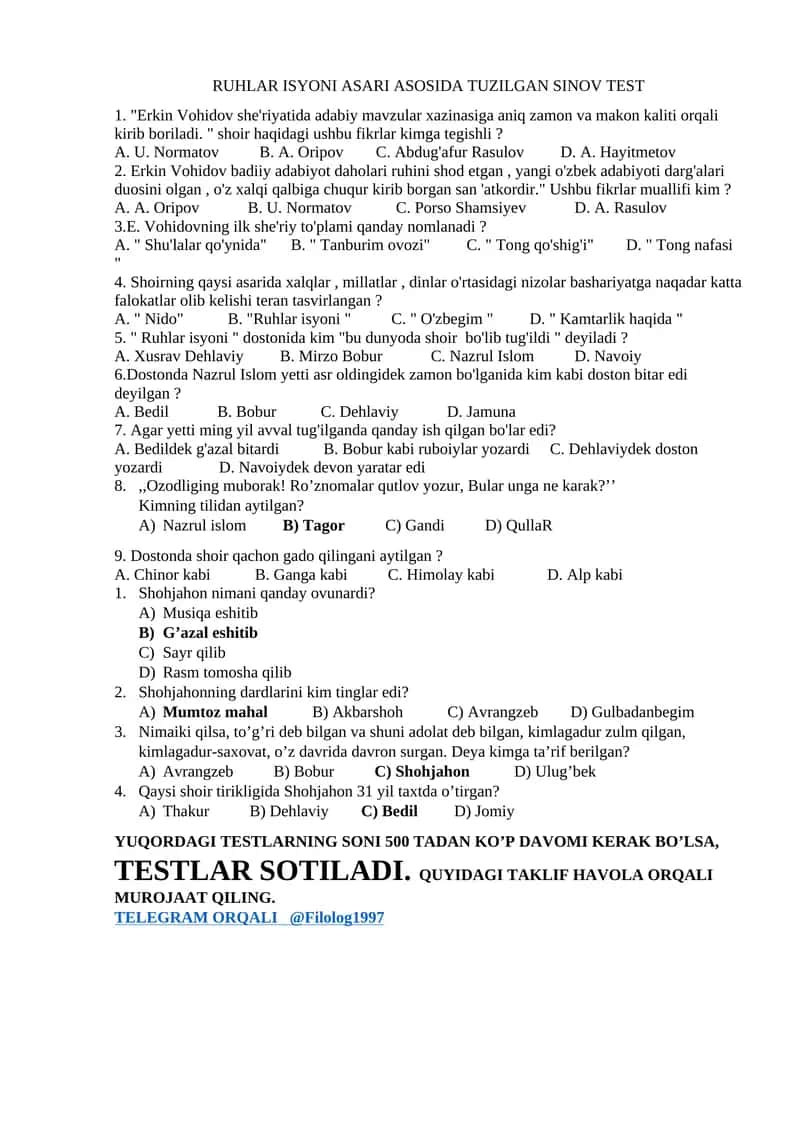 RUHLAR ISYONI ASARI ASOSIDA TUZILGAN SINOV TEST