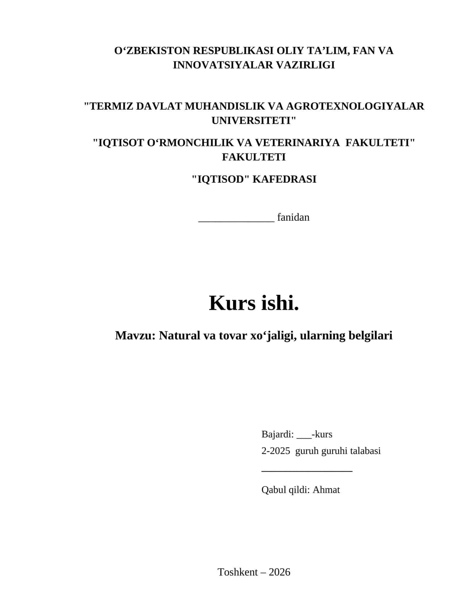 Natural va tovar xoʻjaligi, ularning belgilari