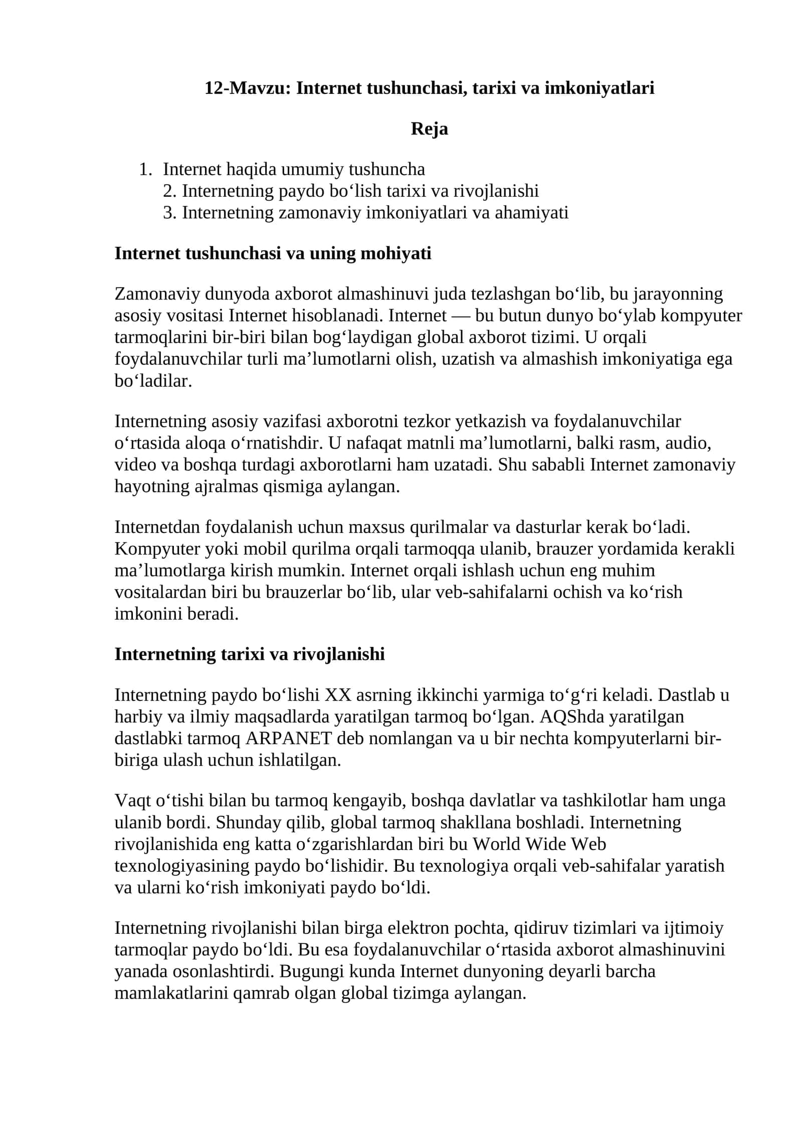 Internet tushunchasi, tarixi va imkoniyatlari