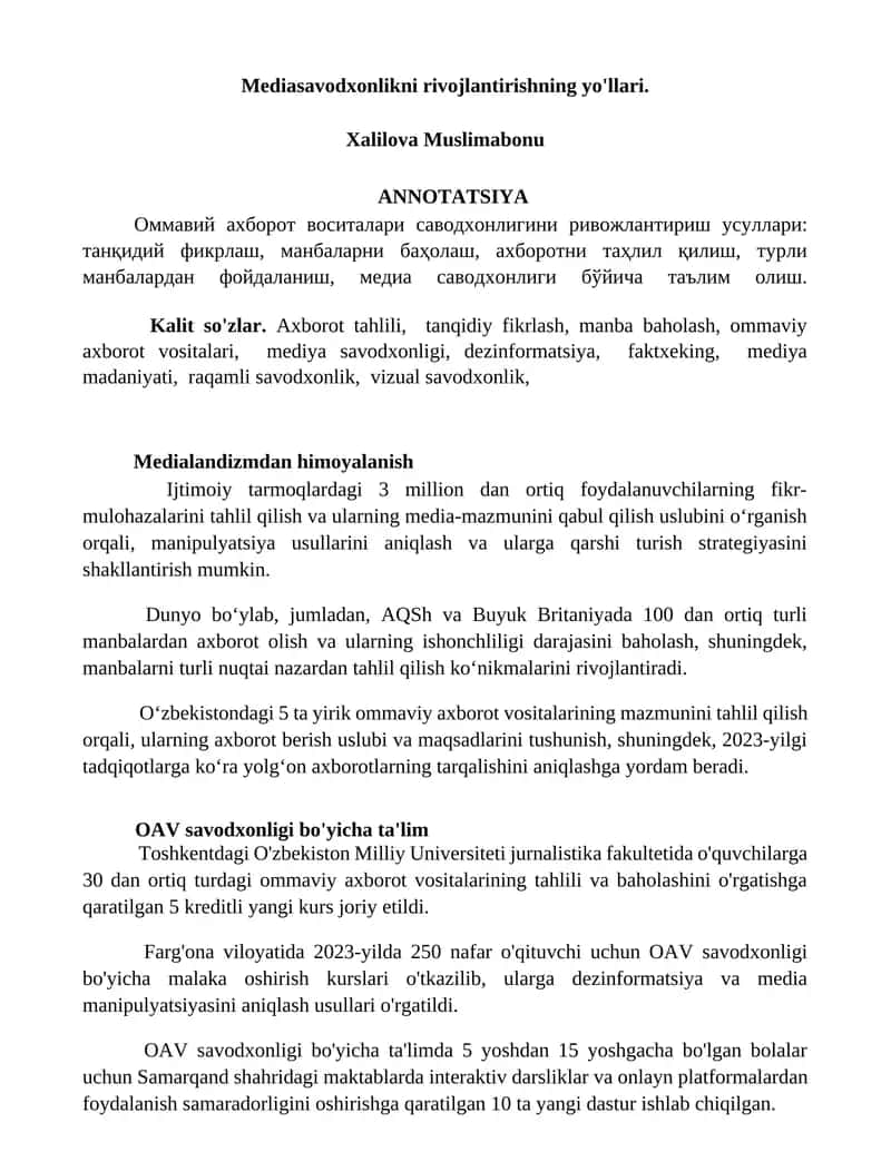 Mediasavodxonlikni rivojlantirishning yo'llari