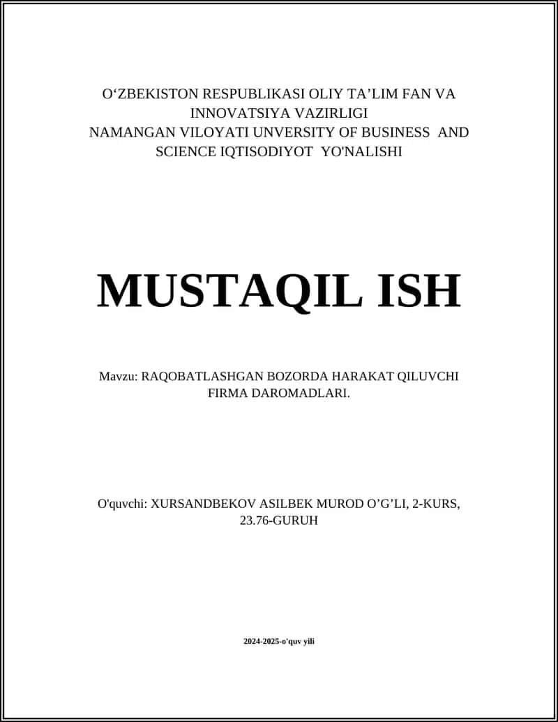 RAQOBATLASHGAN BOZORDA HARAKAT QILUVCHI FIRMA DAROMADLARI
