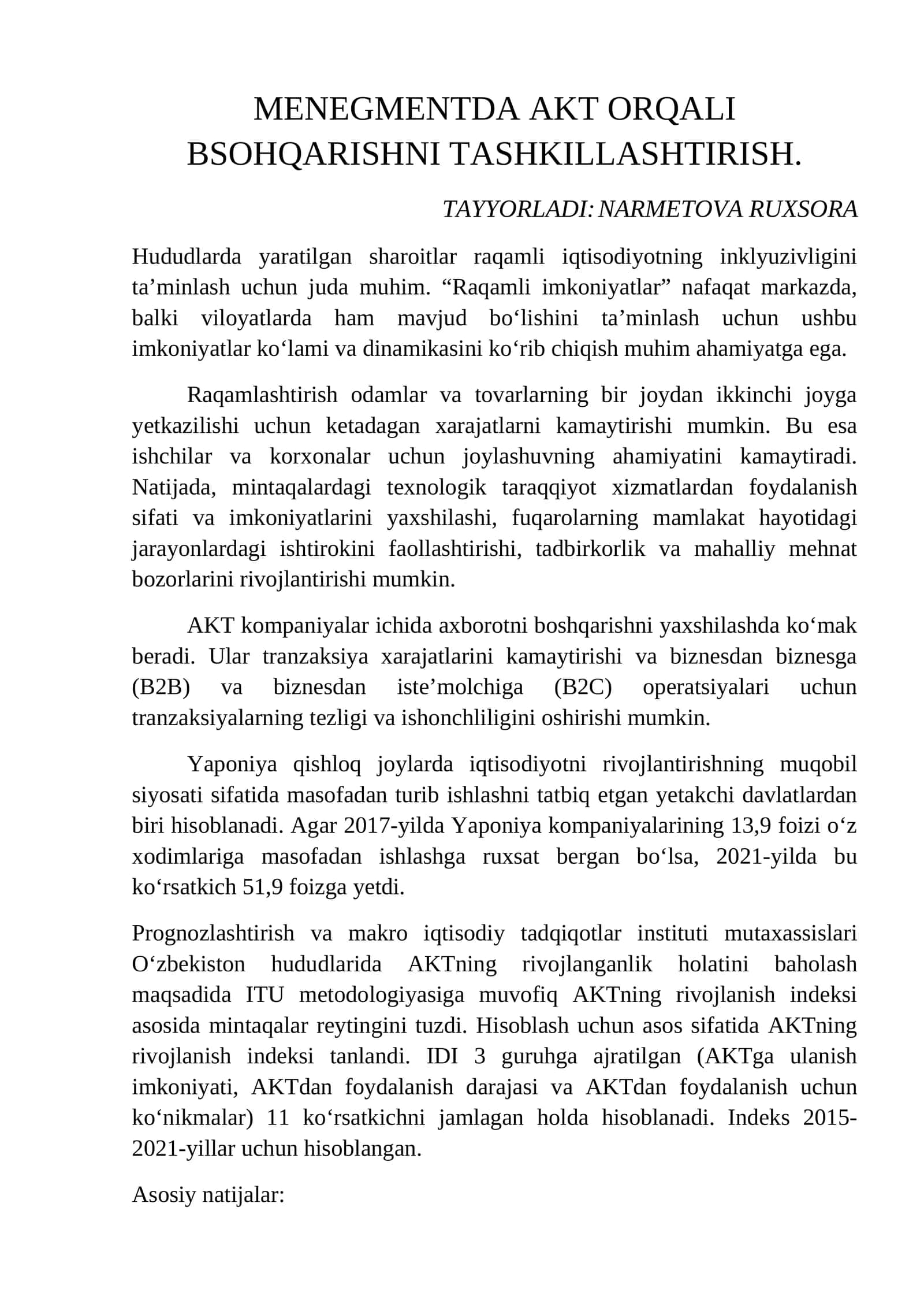 MENEGMENTDA AKT ORQALI BSOHQARISHNI TASHKILLASHTIRISH