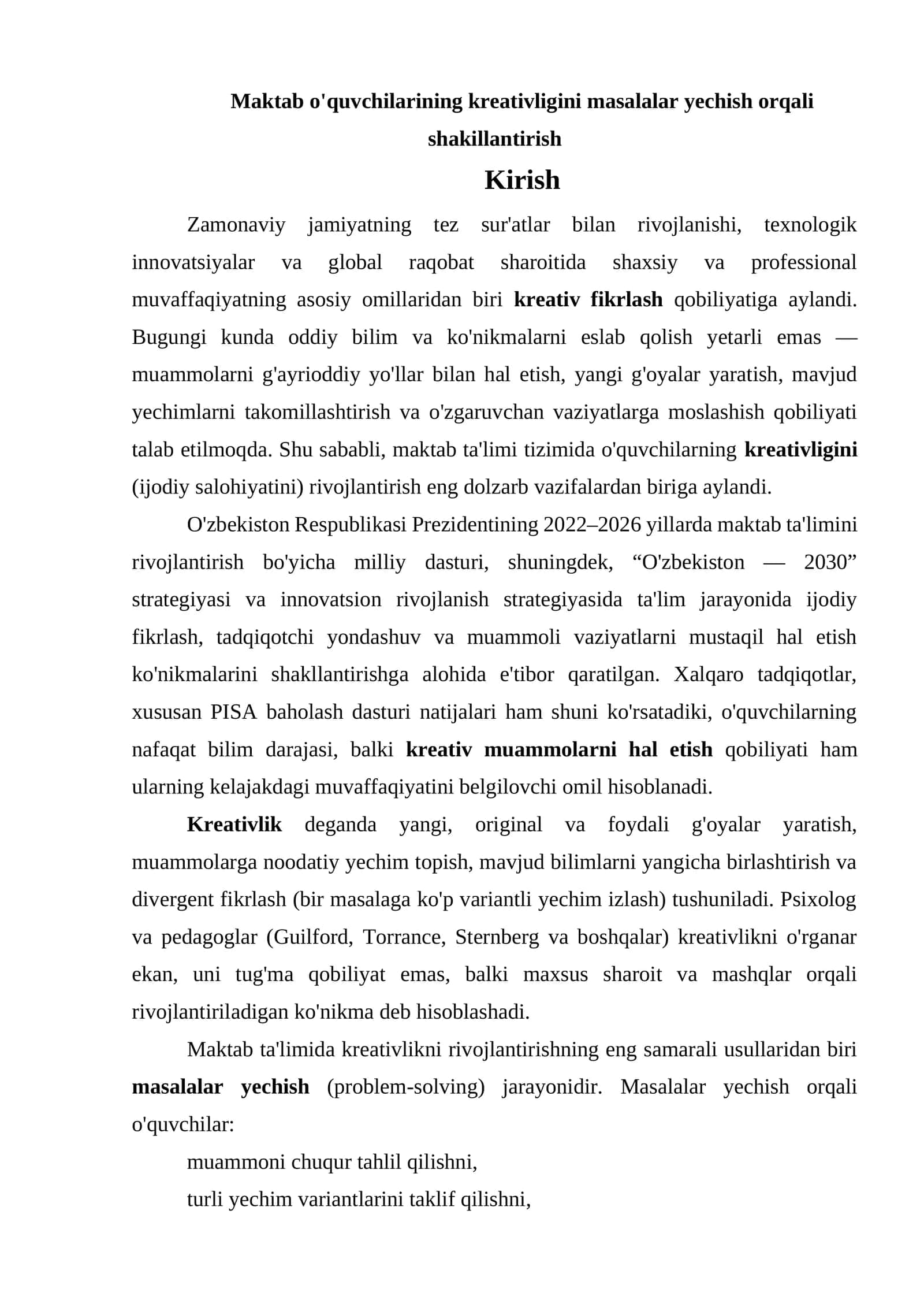 Maktab o'quvchilarining kreativligini masalalar yechish orqali shakillantirish