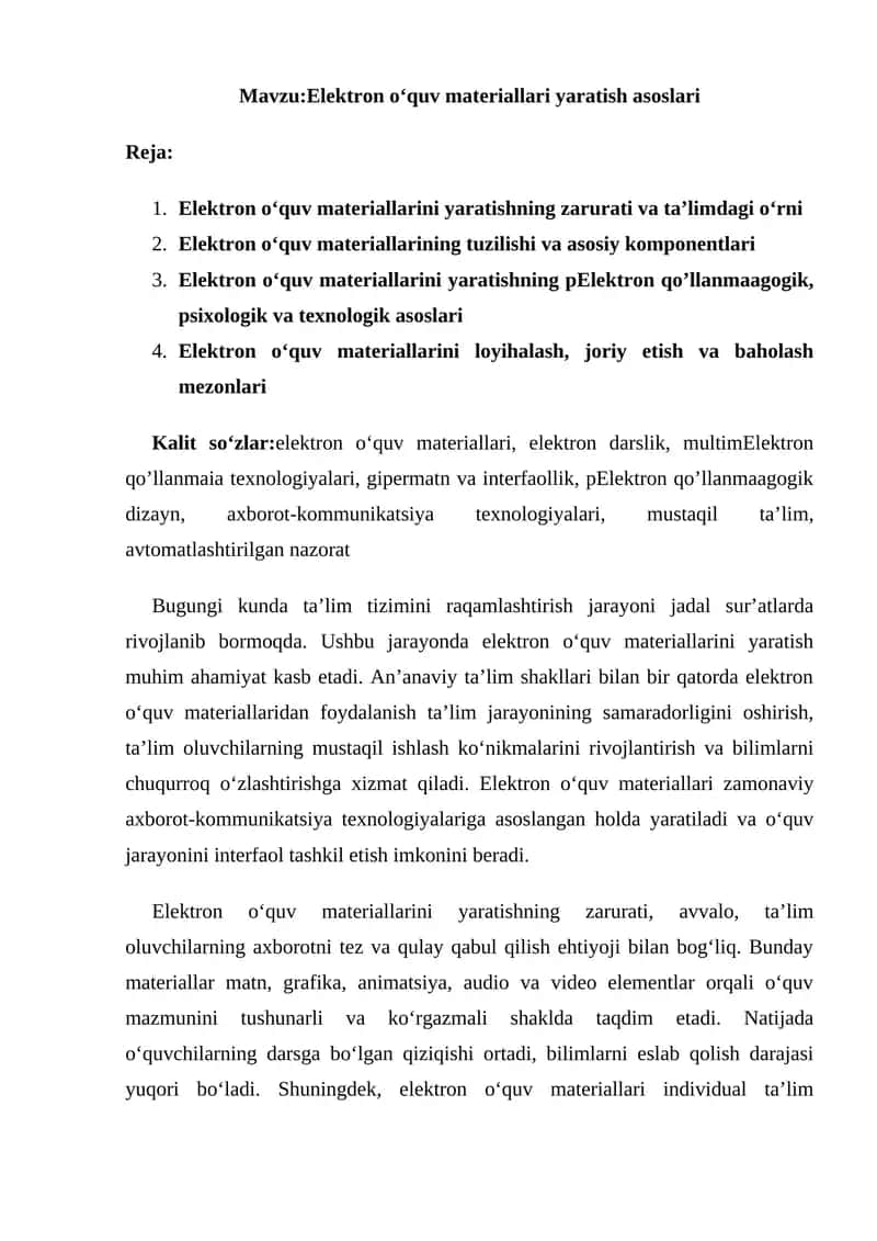 Elektron o‘quv materiallari yaratish asoslari