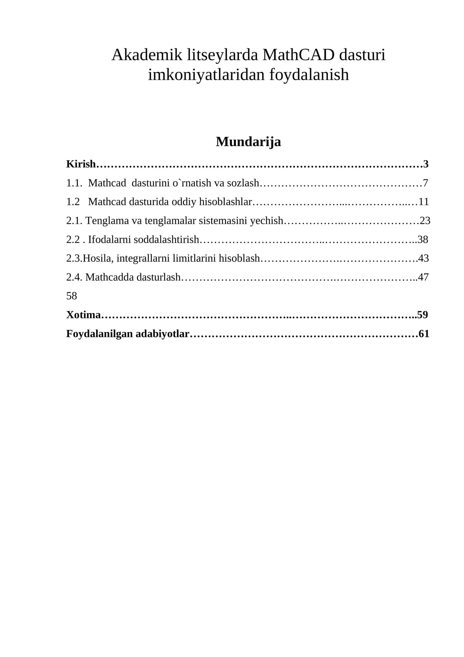 Akademik litseylarda MathCAD dasturi imkoniyatlaridan foydalanish