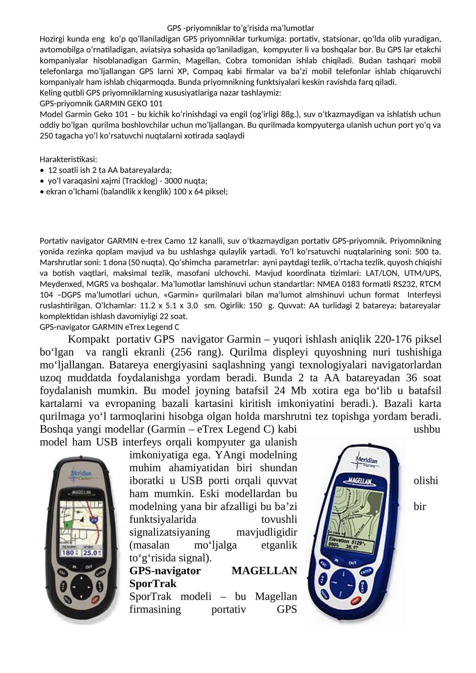 GPS-priyomniklar to'g'risida ma'lumotlar