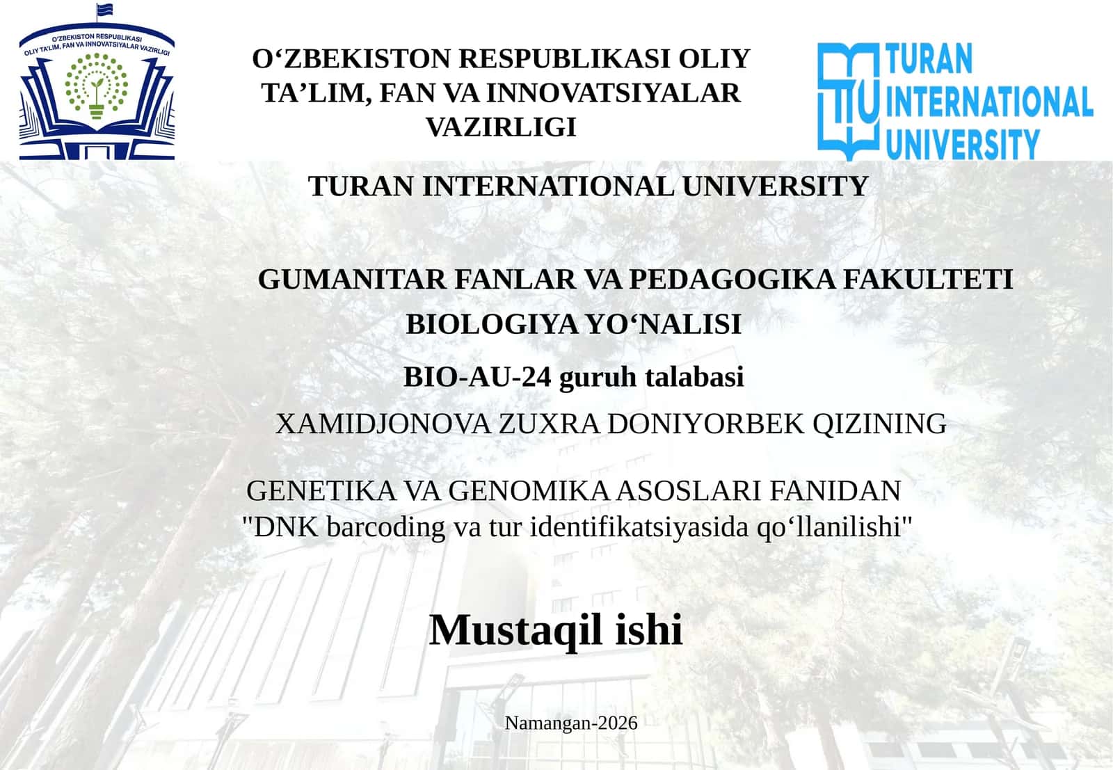 DNK barcoding va tur identifikatsiyasida qo‘llanilishi