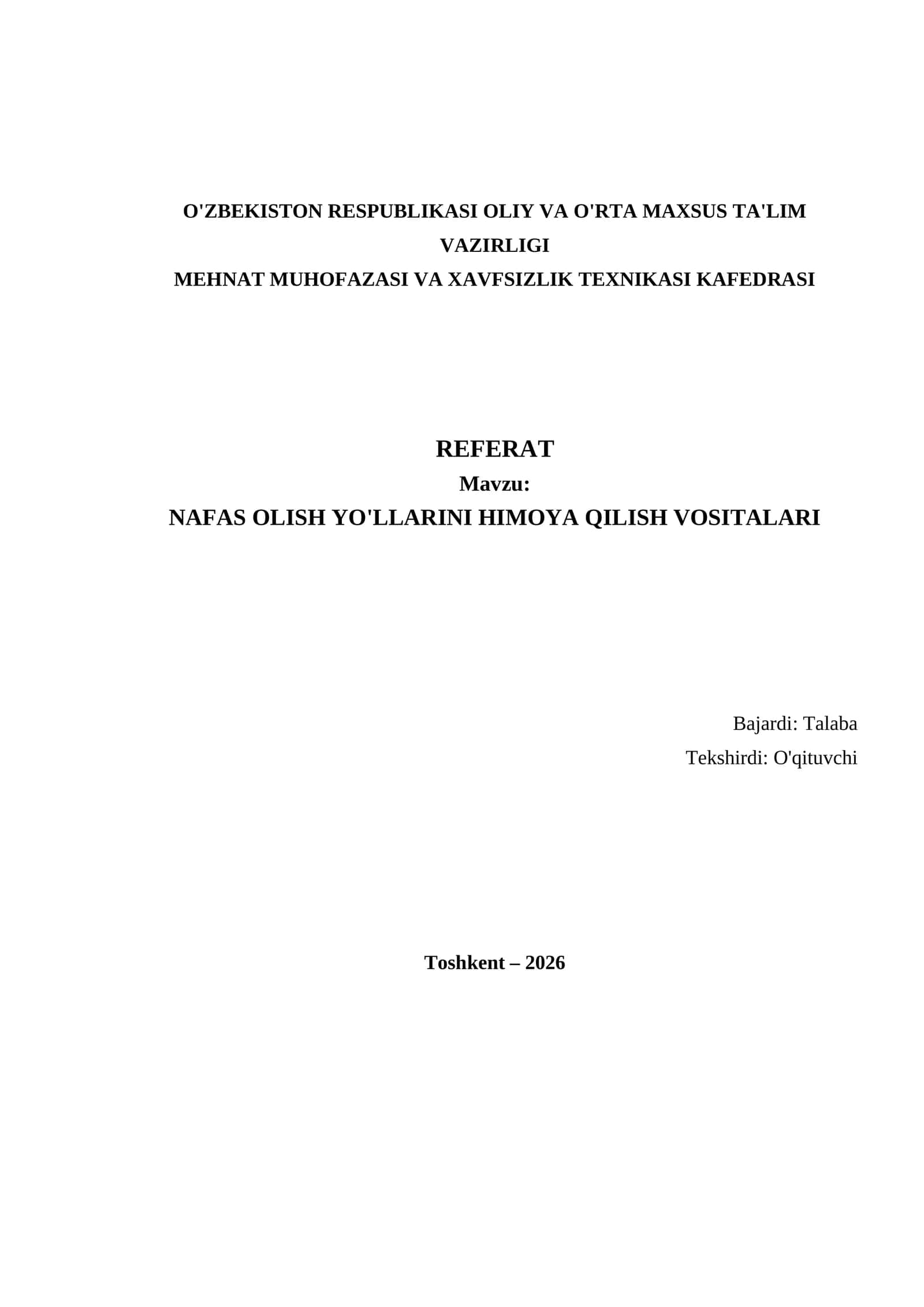 NAFAS OLISH YO'LLARINI HIMOYA QILISH VOSITALARI