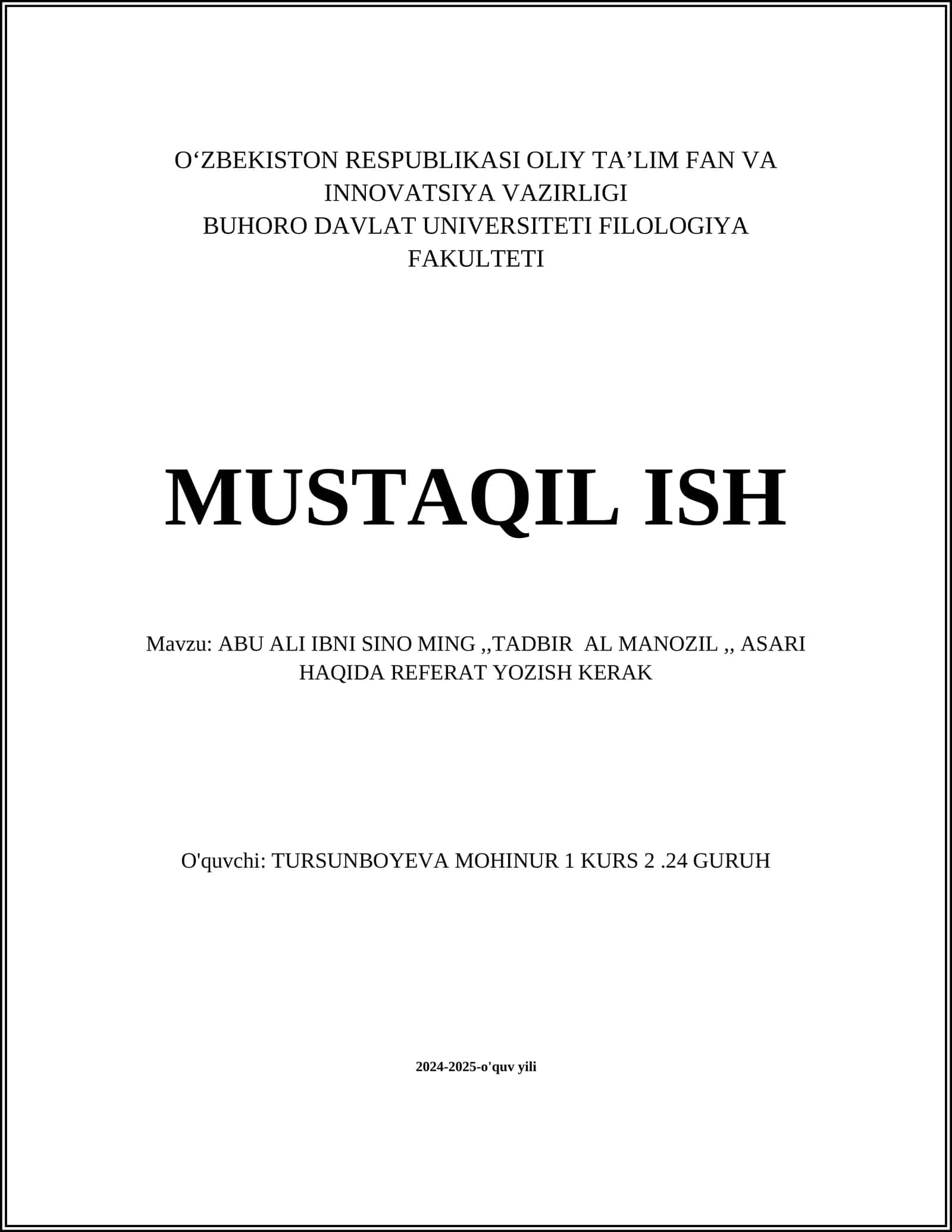 ABU ALI IBNI SINO MING,,TADBIR AL MANOZIL,, ASARI HAQIDA REFERAT YOZISH KERAK