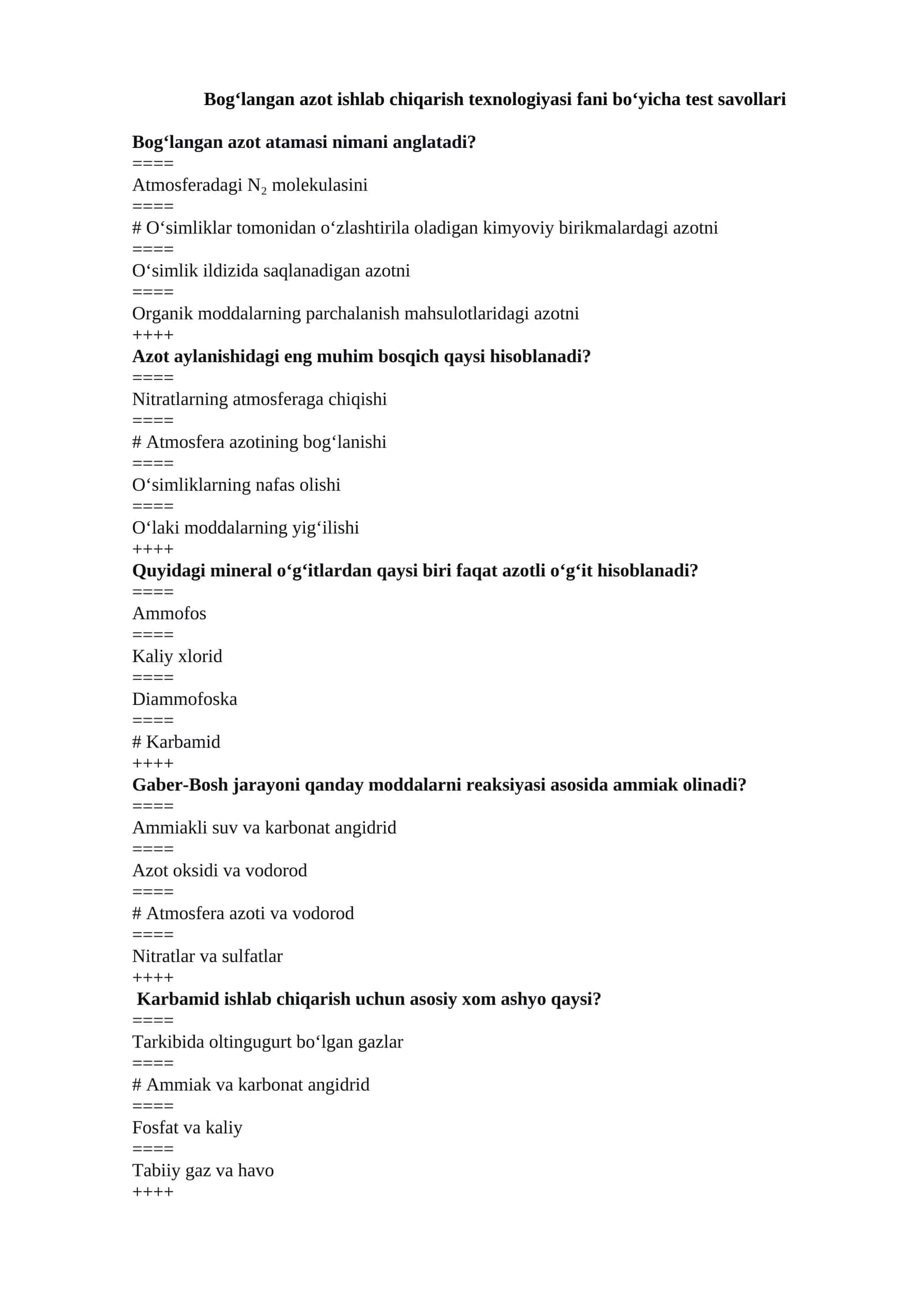 Bog‘langan azot ishlab chiqarish texnologiyasi fani bo‘yicha test savollari