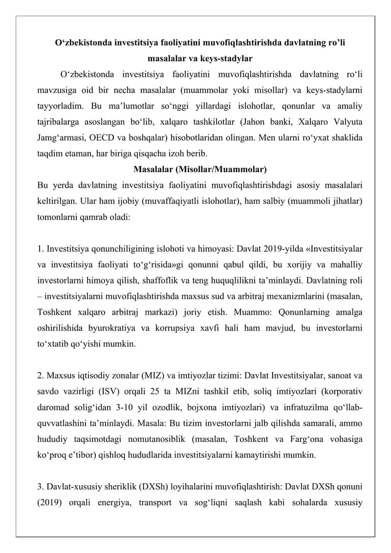 Investitsiya faoliyatini muvofiqlashtirishda davlatning ro‘li