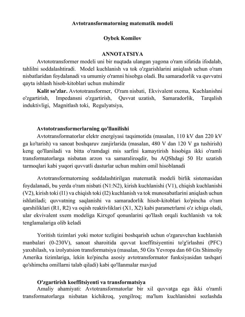 Avtotransformatorning matematik modeli
