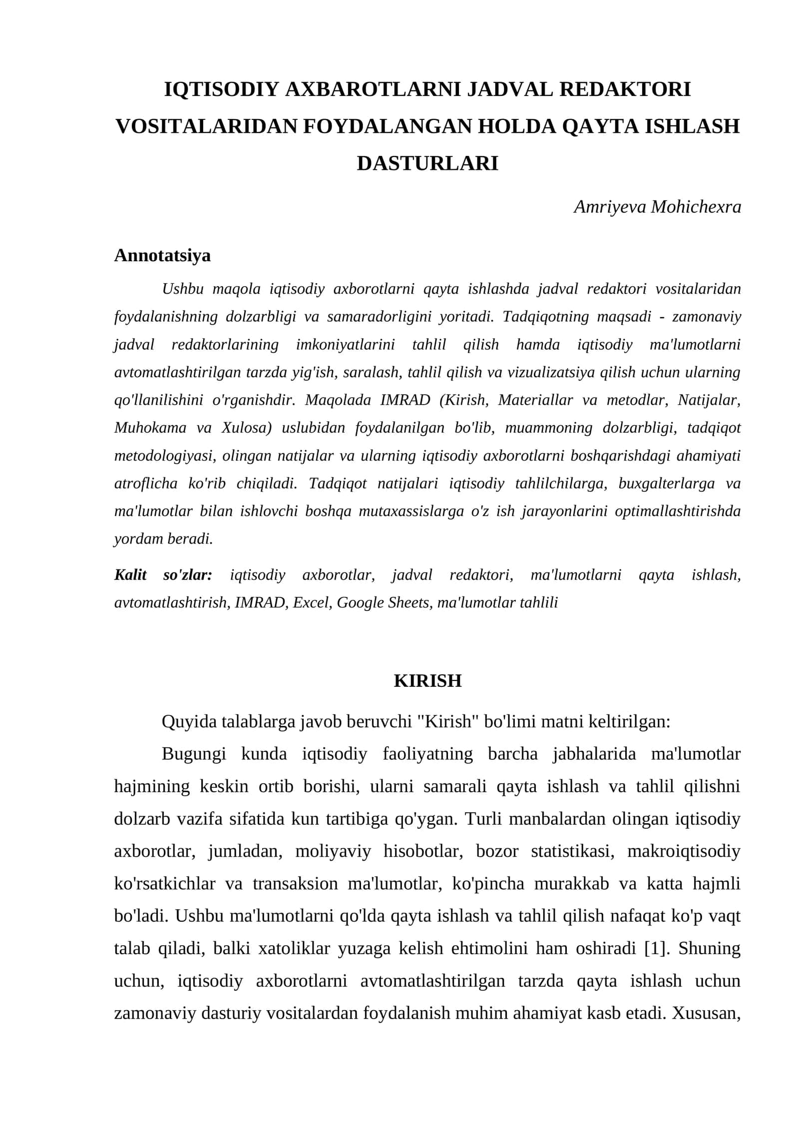 IQTISODIY AXBAROTLARNI JADVAL REDAKTORI VOSITALARIDAN FOYDALANGAN HOLDA QAYTA ISHLASH DASTURLARI