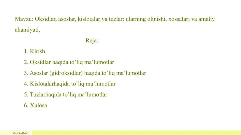 Oksidlar, asoslar, kislotalar va tuzlar haqida to'liq ma'lumotlar