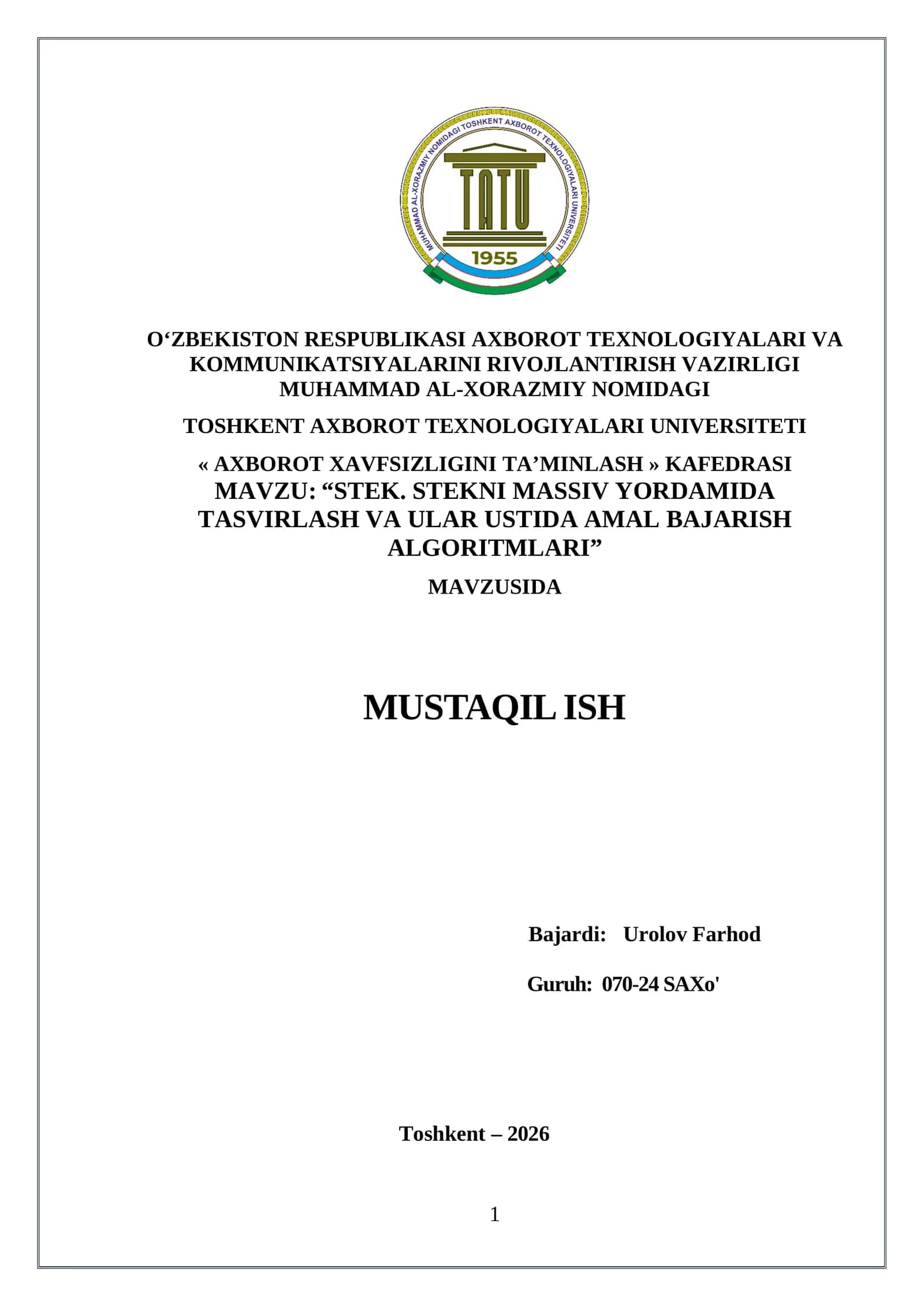 “STEK. STEKNI MASSIV YORDAMIDA TASVIRLASH VA ULAR USTIDA AMAL BAJARISH ALGORITMLARI”