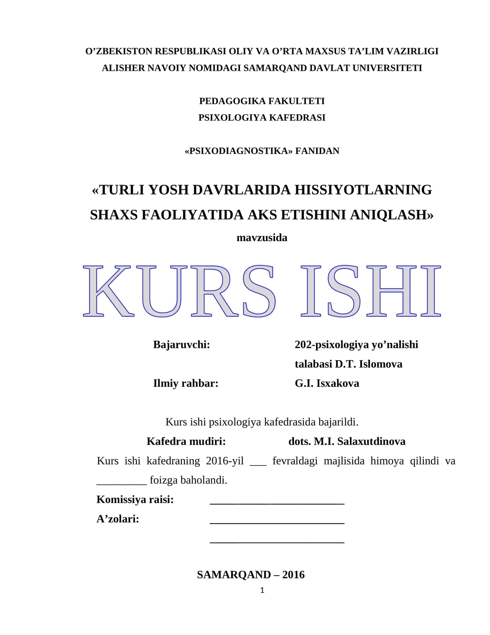TURLI YOSH DAVRLARIDA HISSIYOTLARNING SHAXS FAOLIYATIDA AKS ETISHINI ANIQLASH