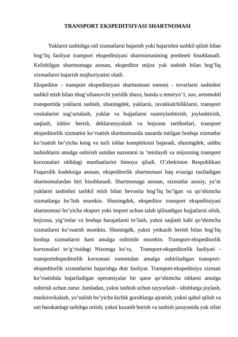 TRANSPORT EKSPEDITSIYASI SHARTNOMASI