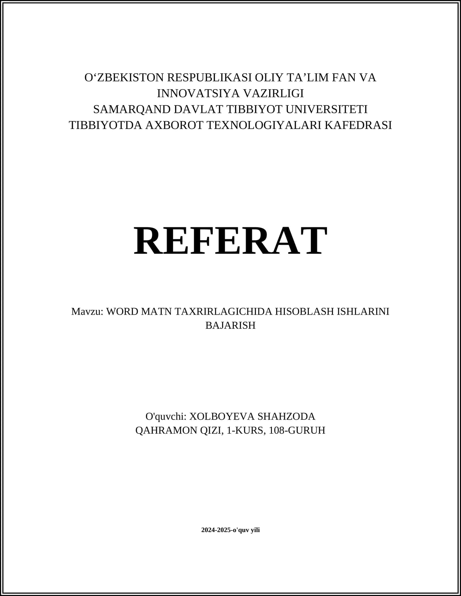 WORD MATN TAXRIRLAGICHIDA HISOBLASH ISHLARINI BAJARISH