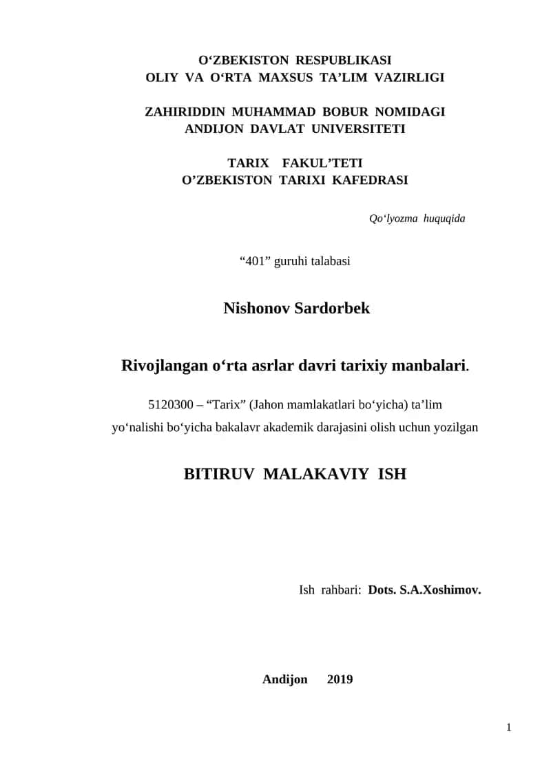 Rivojlangan o‘rta asrlar davri tarixiy manbalari