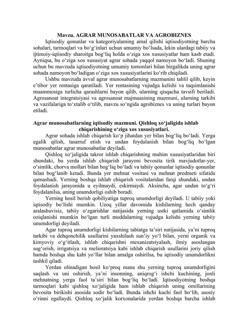AGRAR MUNOSABATLAR VA AGROBIZNES