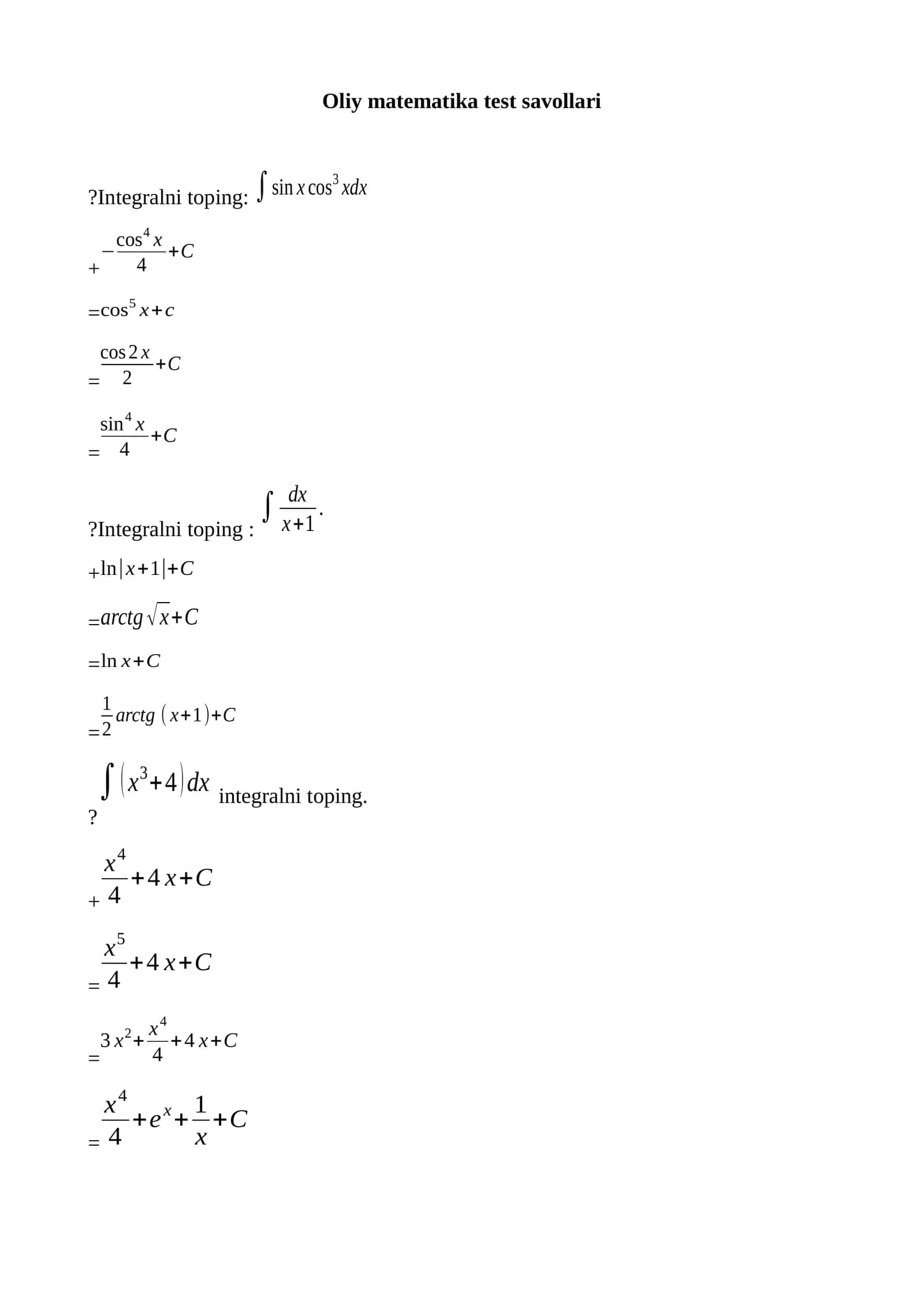 Oliy matematika test savollari