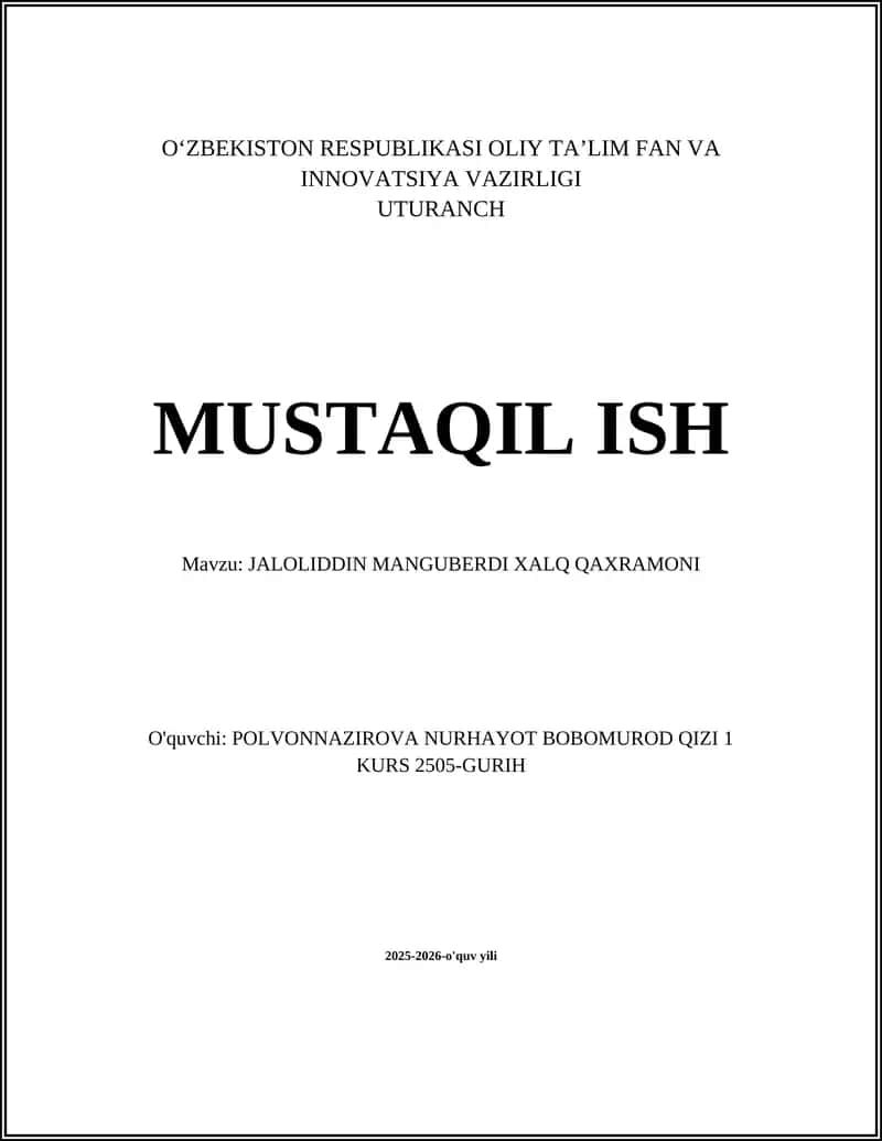 JALOLIDDIN MANGUBERDI XALQ QAXRAMONI