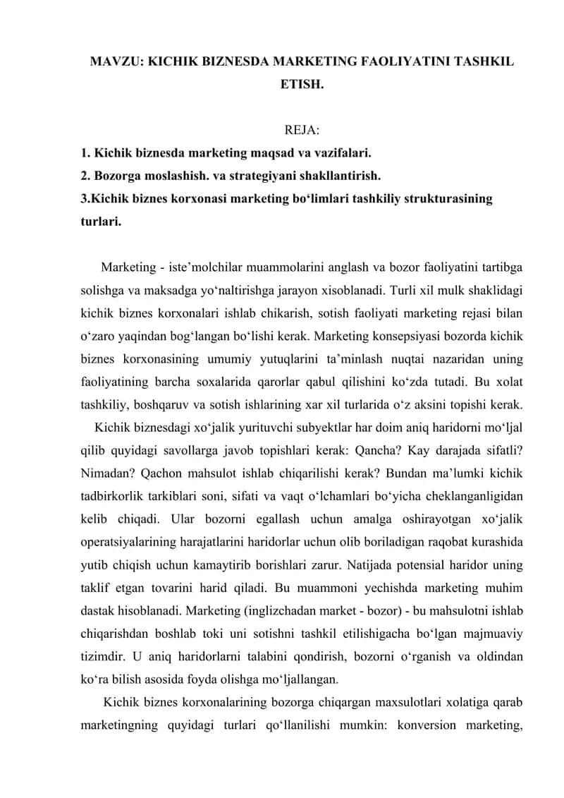 KICHIK BIZNESDA MARKETING FAOLIYATINI TASHKIL ETISH.
