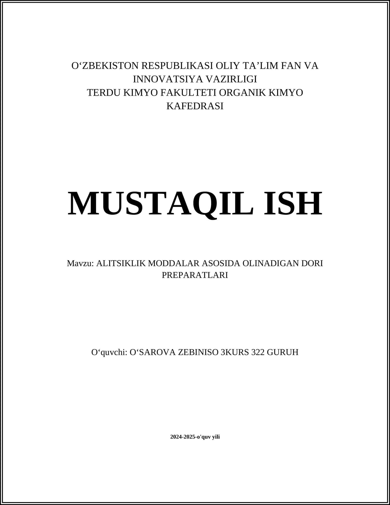 ALITSIKLIK MODDALAR ASOSIDA OLINADIGAN DORI PREPARATLARI