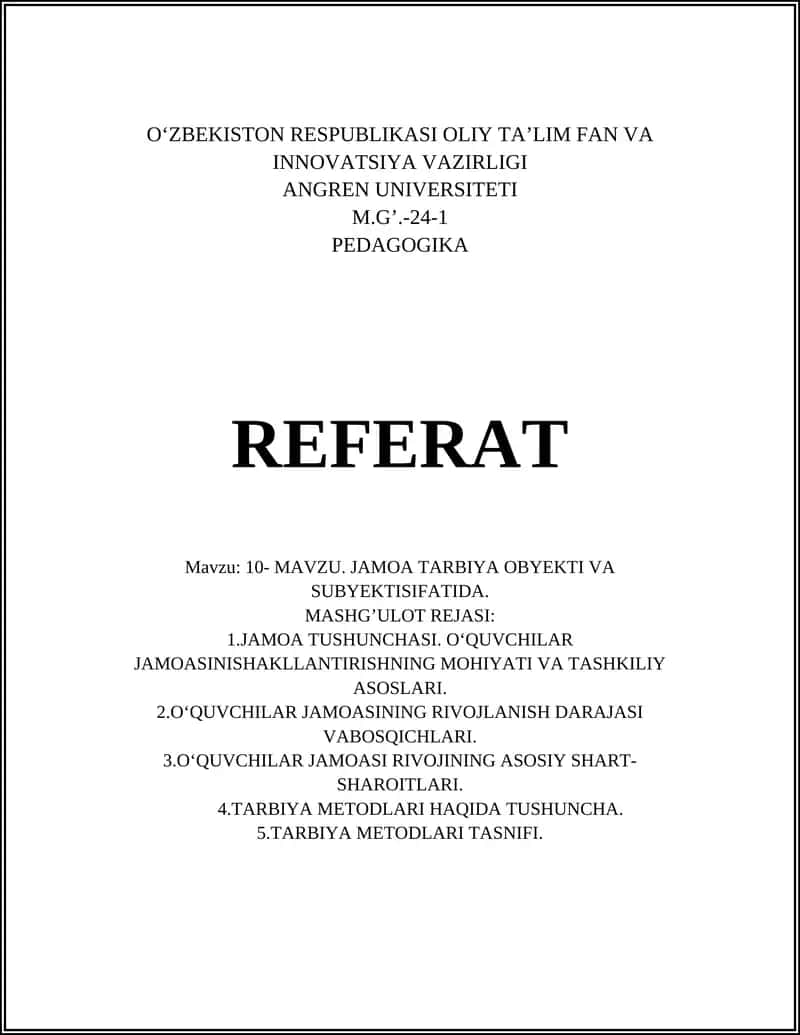 JAMOA TARBIYA OBYEKTI VA SUBYEKTISIFATIDA
