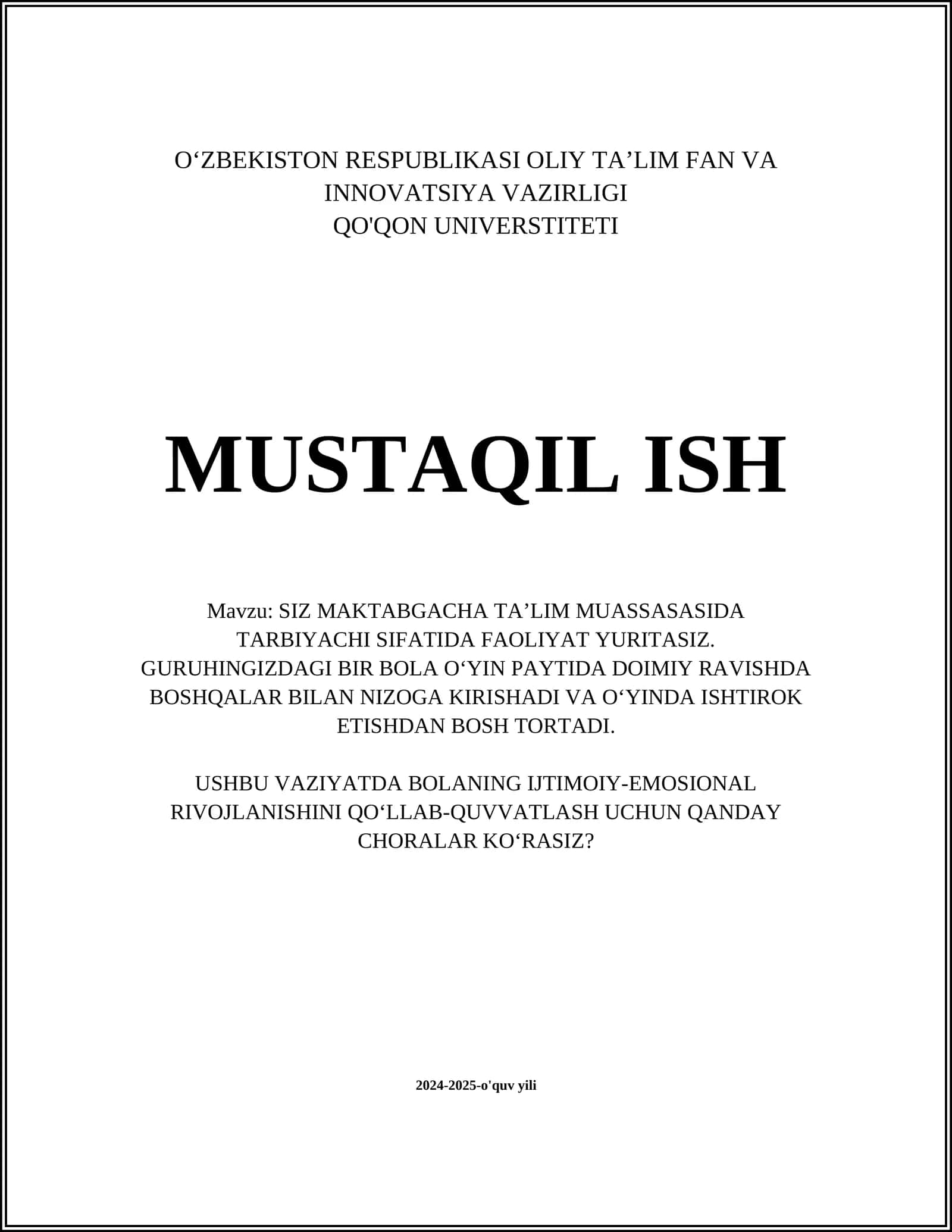 SIZ MAKTABGACHA TA’LIM MUASSASASIDA TARBIYACHI SIFATIDA FAOLIYAT YURITASIZ. GURUHINGIZDAGI BIR BOLA O‘YIN PAYTIDA DOIMIY RAVISHDA BOSHQALAR BILAN NIZOGA KIRISHADI VA O‘YINDA ISHTIROK ETISHDAN BOSH TORTADI. USHBU VAZIYATDA BOLANING IJTIMOIY-EMOSIONAL RIVOJLANISHINI QO‘LLAB-QUVVATLASH UCHUN QANDAY CHORALAR KO‘RASIZ?