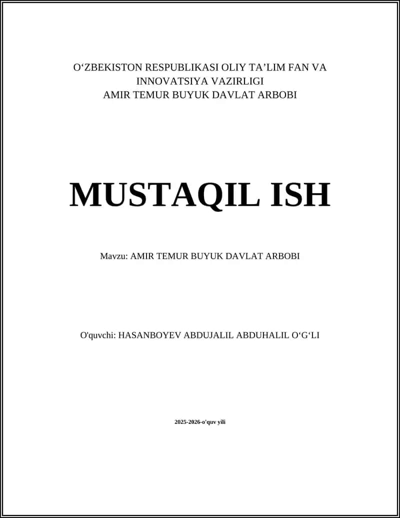 AMIR TEMUR BUYUK DAVLAT ARBOBI