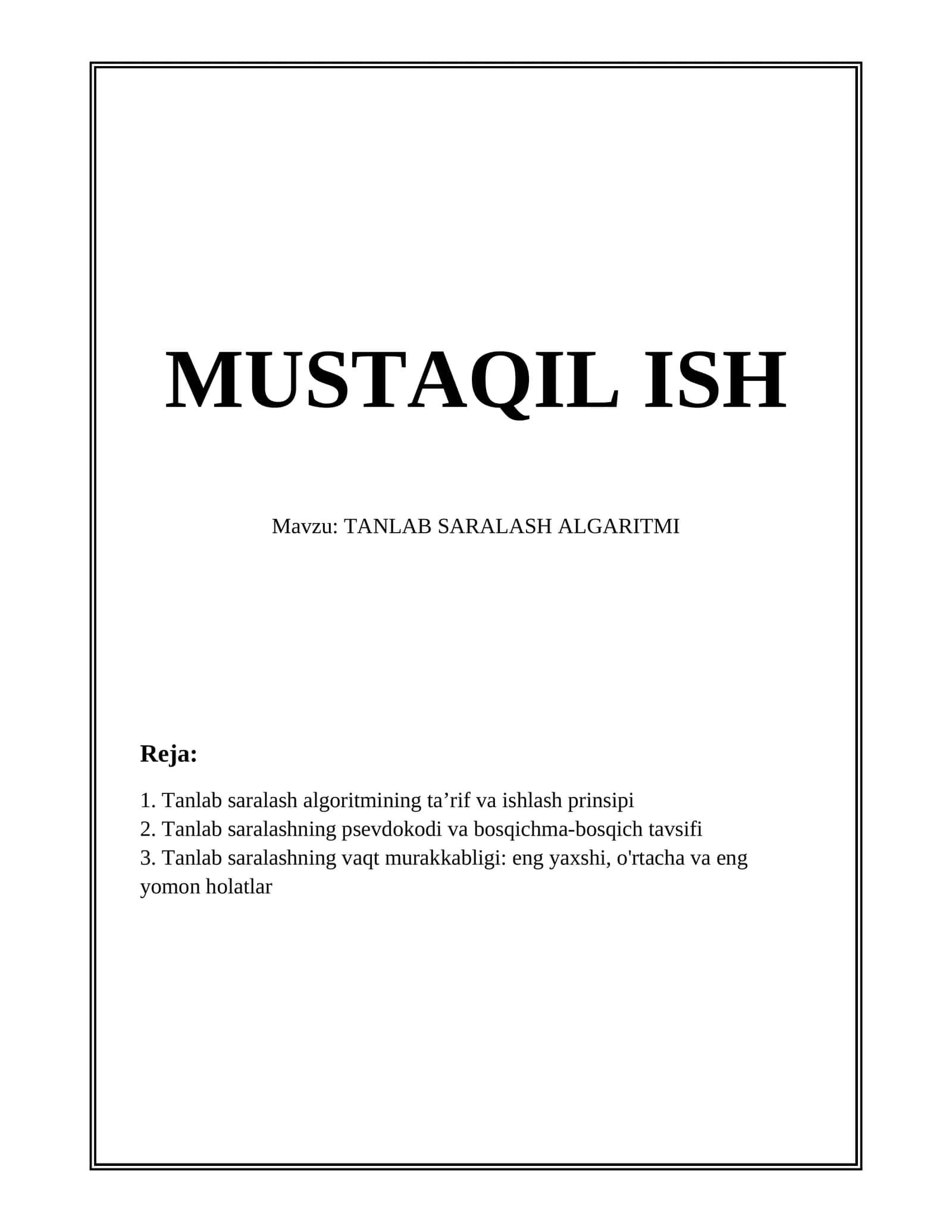 TANLAB SARALASH ALGARITMI