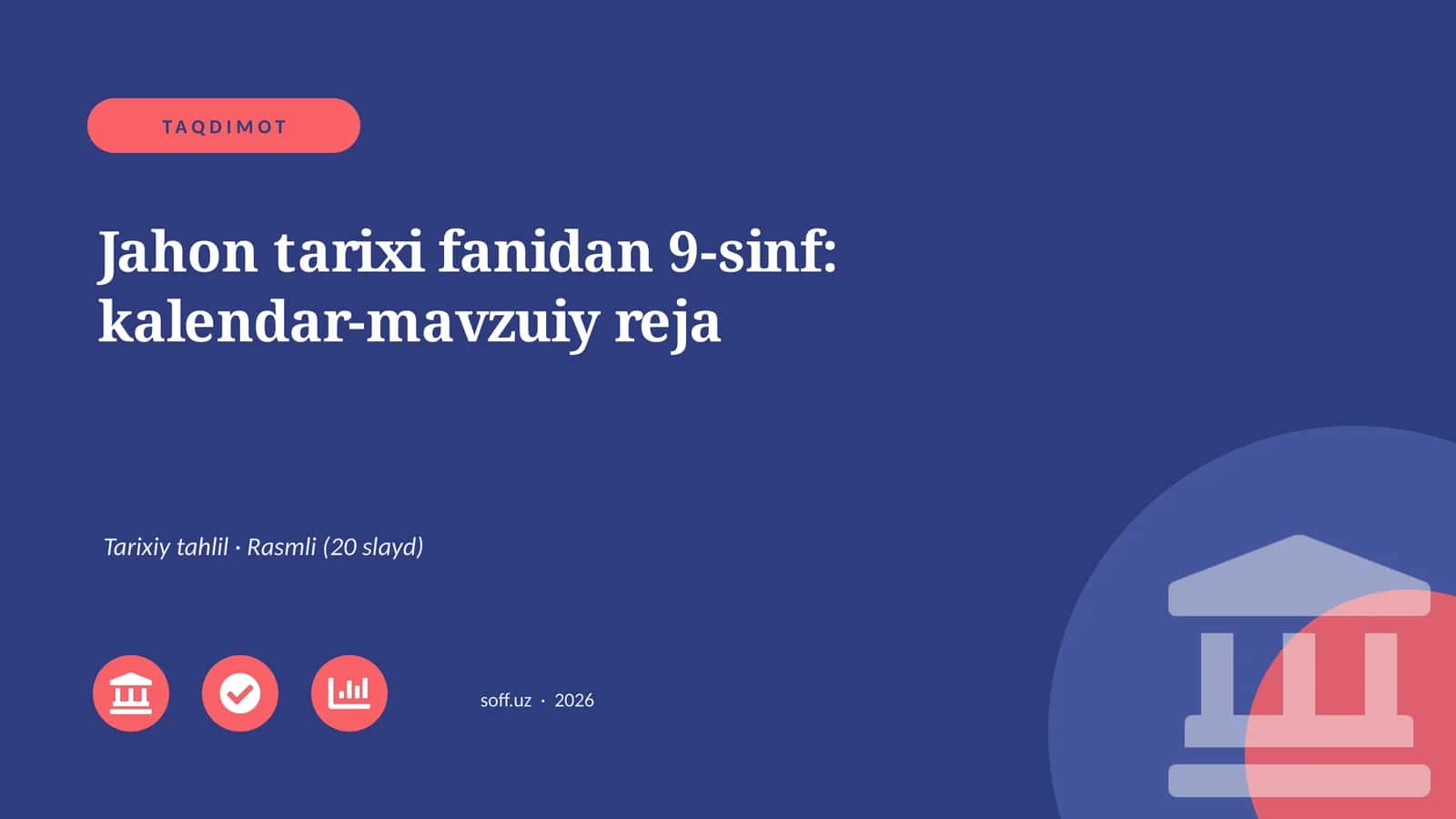 Jahon tarixi fanidan 9-sinf: kalendar-mavzuiy reja