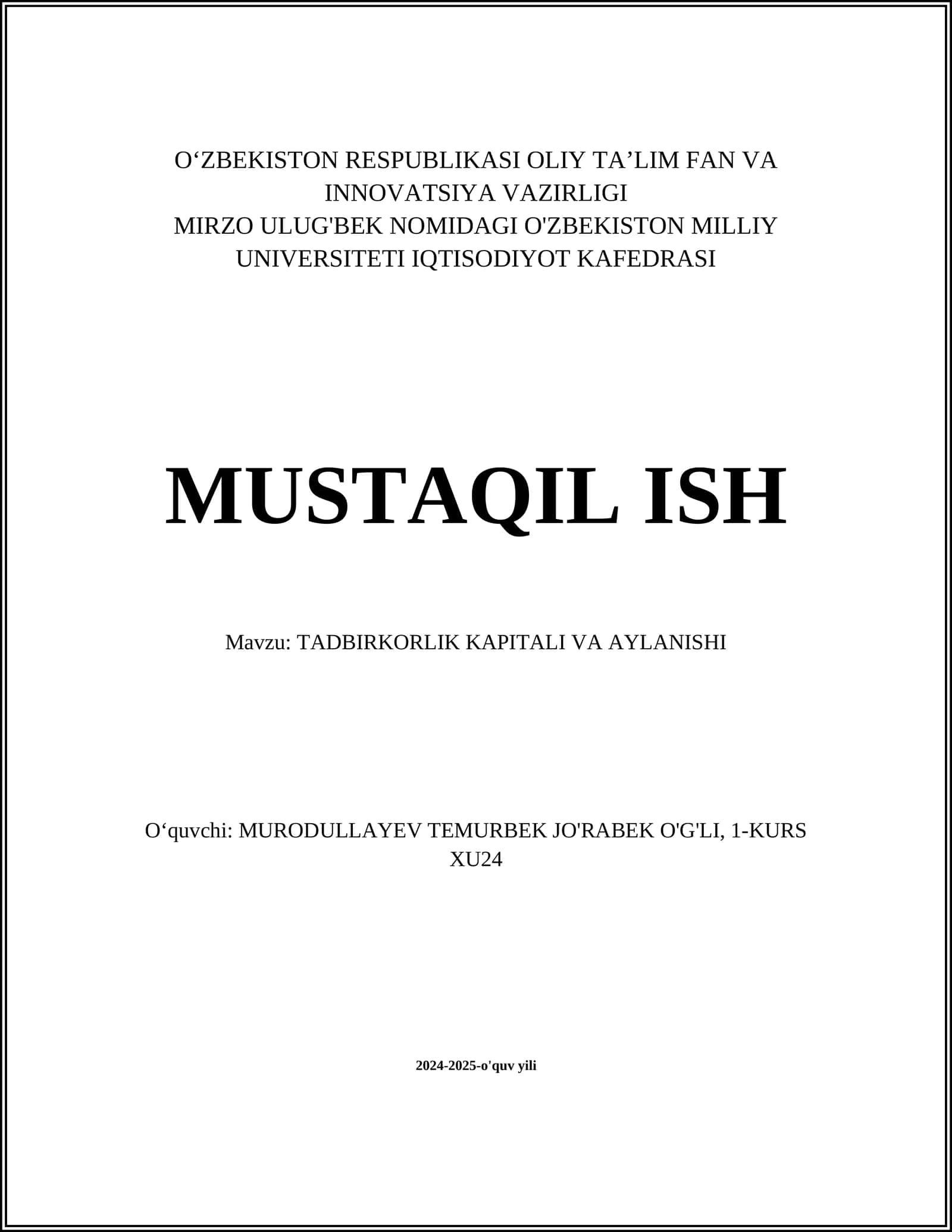 TADBIRKORLIK KAPITALI VA AYLANISHI