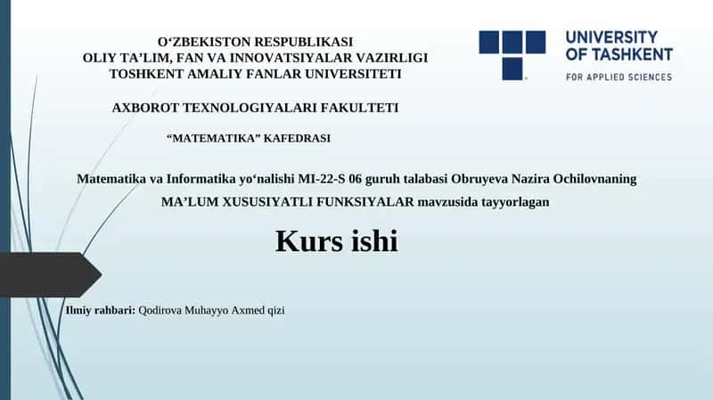 MA’LUM XUSUSIYATLI FUNKSIYALAR