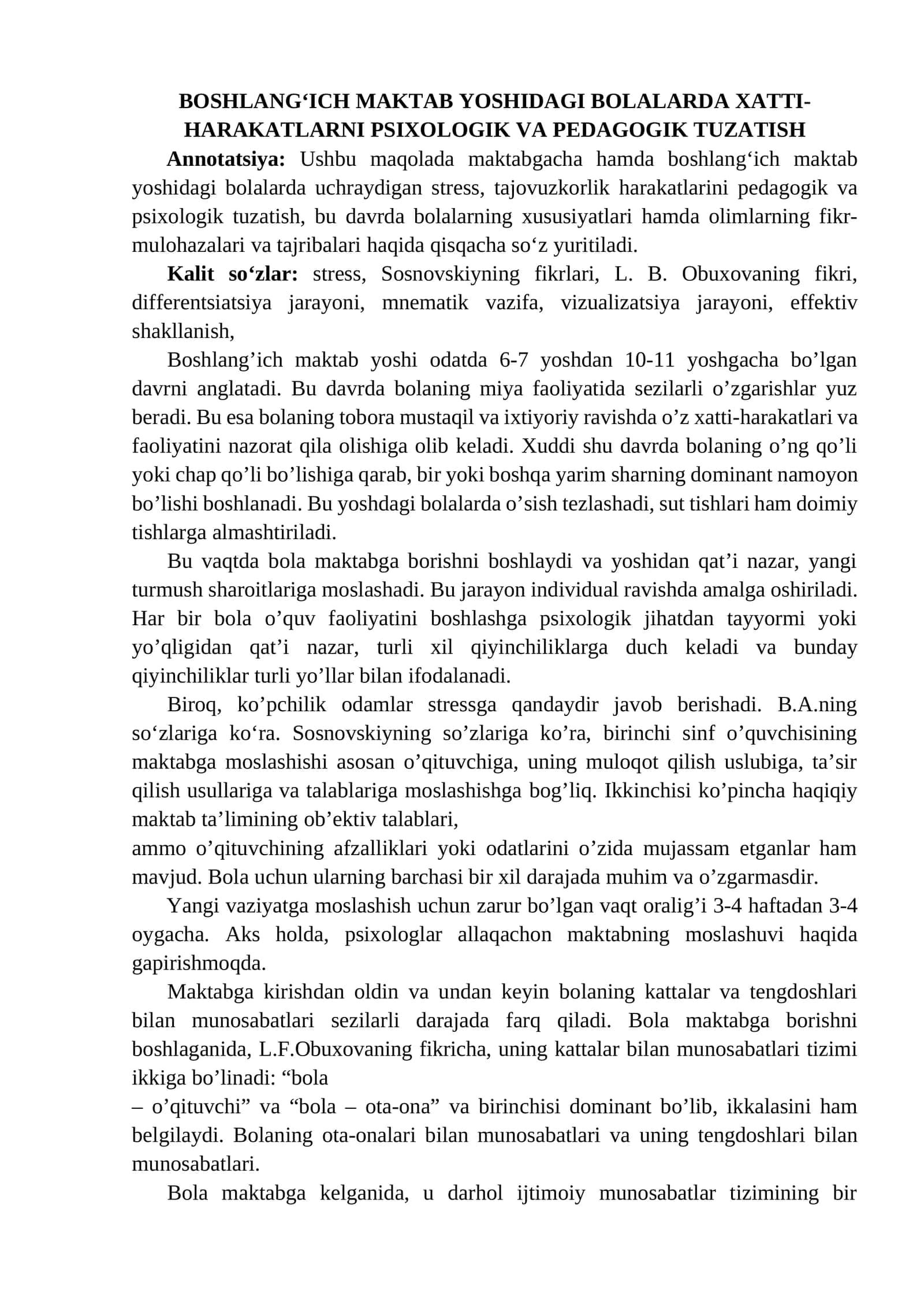 BOSHLANG‘ICH MAKTAB YOSHIDAGI BOLALARDA XATTI-HARAKATLARNI PSIXOLOGIK VA PEDAGOGIK TUZATISH