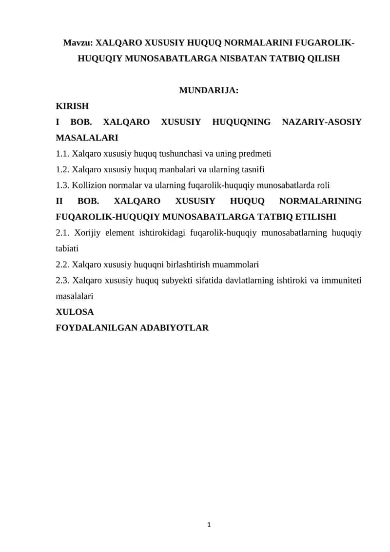 XALQARO XUSUSIY HUQUQ NORMALARINI FUGAROLIK-HUQUQIY MUNOSABATLARGA NISBATAN TATBIQ QILISH